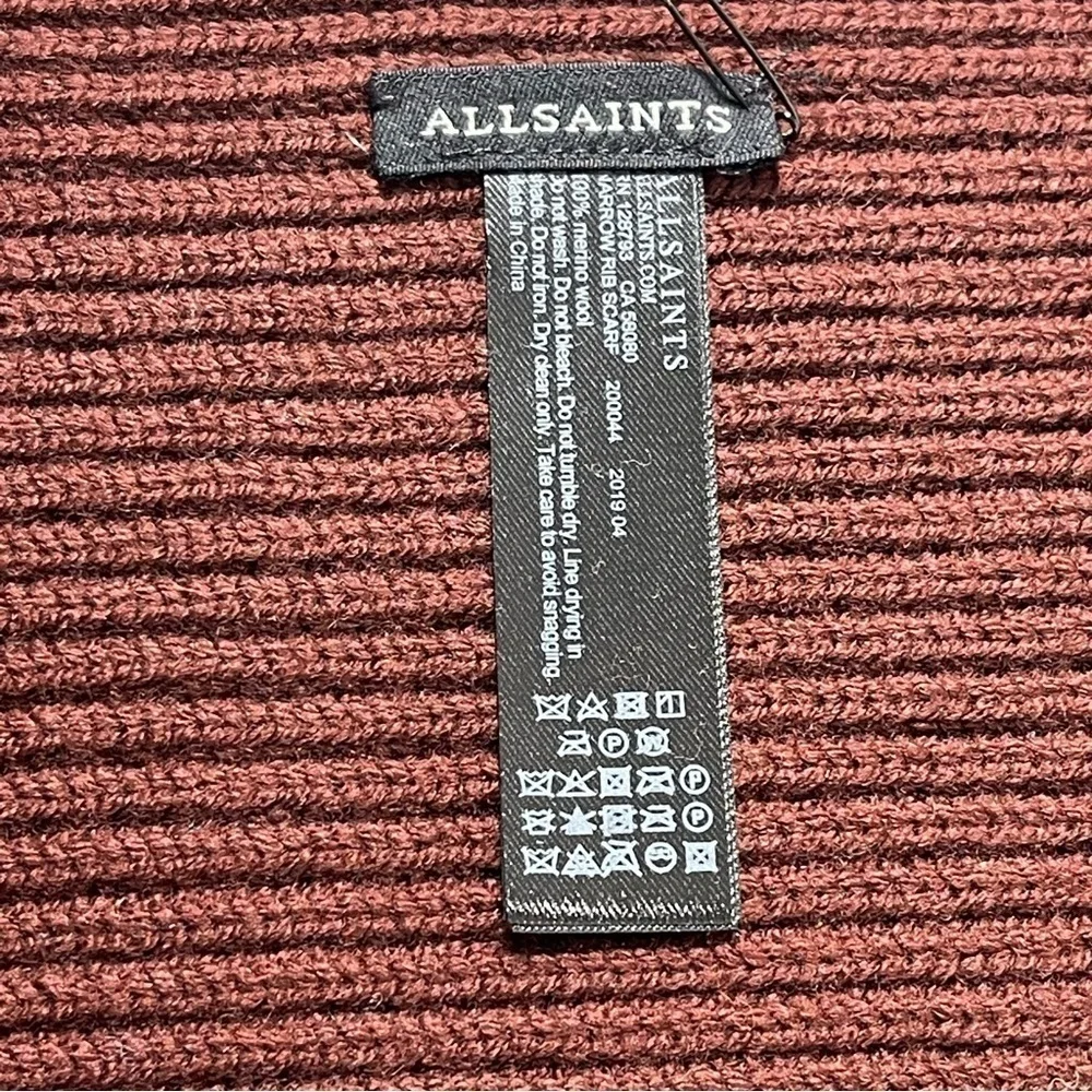 Allsaints Men's Narrow Rib Merino Wool Scarf - Maroon Red